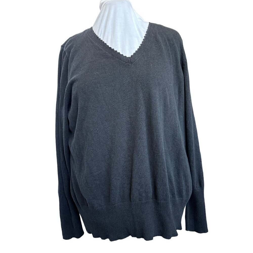 Lane Bryant Pullover Sweater Black Women 22/24 Button accents on cuffs. V-neck